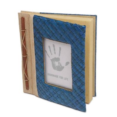 Alternate image for Hand-Woven Pandan Leaf Journal with Photo Cover in Blue Woven Memories in Blue