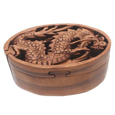 Alternate image for Dragon-Themed Suar Wood Puzzle Box from Bali Dragon Oval