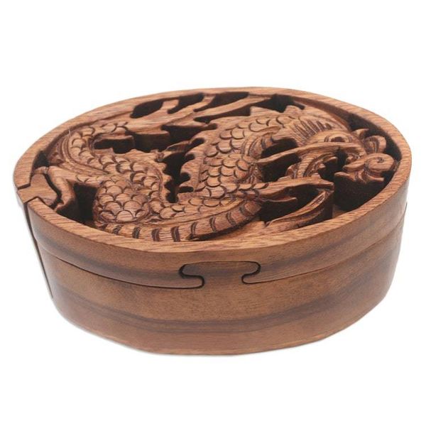 Alternate image for Dragon-Themed Suar Wood Puzzle Box from Bali Dragon Oval