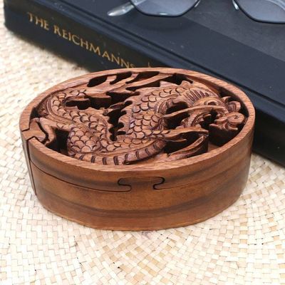 Alternate image for Dragon-Themed Suar Wood Puzzle Box from Bali Dragon Oval