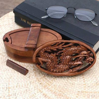 Alternate image for Dragon-Themed Suar Wood Puzzle Box from Bali Dragon Oval