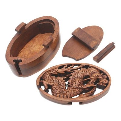 Alternate image for Dragon-Themed Suar Wood Puzzle Box from Bali Dragon Oval