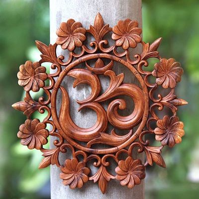 Alternate image for Floral Om Suar Wood Relief Panel from Bali Lively Om
