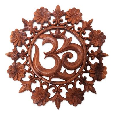 Alternate image for Floral Om Suar Wood Relief Panel from Bali Lively Om