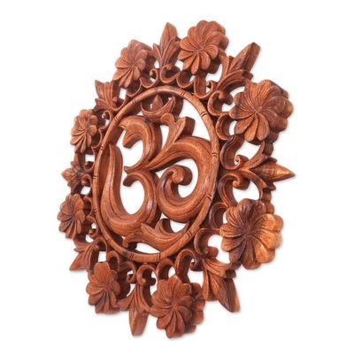 Alternate image for Floral Om Suar Wood Relief Panel from Bali Lively Om