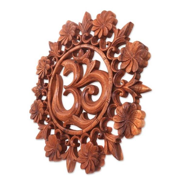 Alternate image for Floral Om Suar Wood Relief Panel from Bali Lively Om
