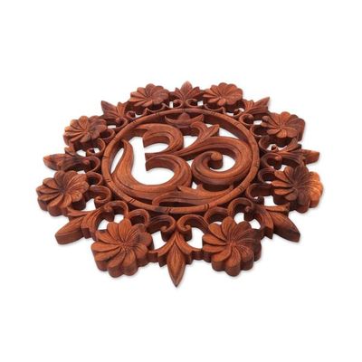 Alternate image for Floral Om Suar Wood Relief Panel from Bali Lively Om