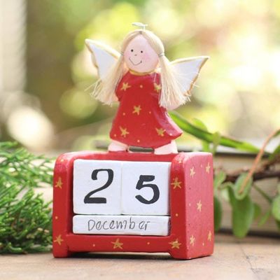 Alternate image for Angel Motif Wood Perpetual Calendar Angel Time in Red