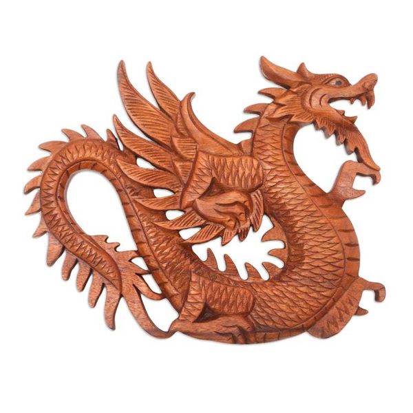 Alternate image for Artisan Crafted Wood Relief Panel Winged Dragon Figure