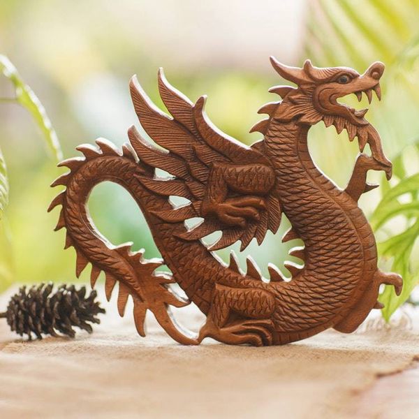 Alternate image for Artisan Crafted Wood Relief Panel Winged Dragon Figure