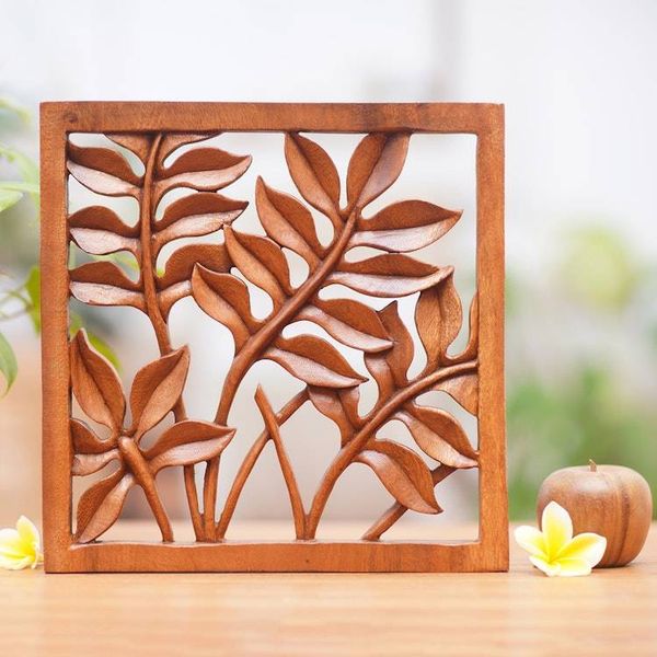 Alternate image for Hand Crafted Wood Relief Panel Melinjo Leaves