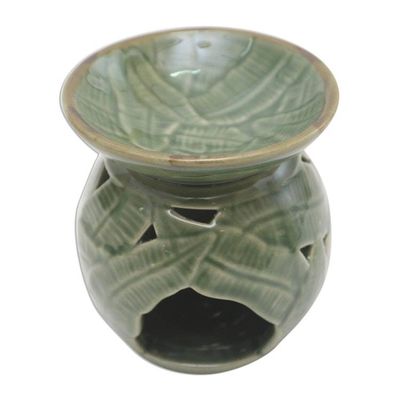 Alternate image for Tropical Theme Green Ceramic Oil Warmer from Bali Coconut Leaves