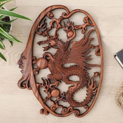 Alternate image for Hand-Carved Classic Suar Wood Moon and Dragon Relief Panel Regal Dragon