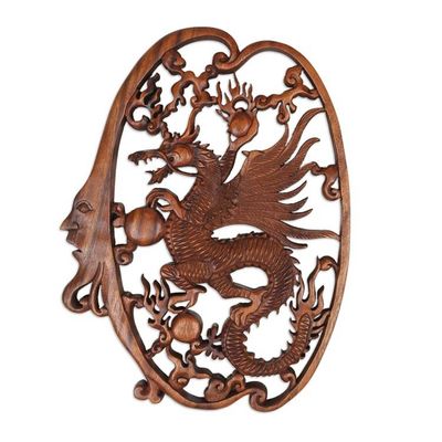 Alternate image for Hand-Carved Classic Suar Wood Moon and Dragon Relief Panel Regal Dragon