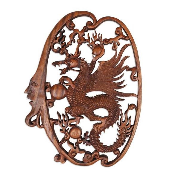 Alternate image for Hand-Carved Classic Suar Wood Moon and Dragon Relief Panel Regal Dragon