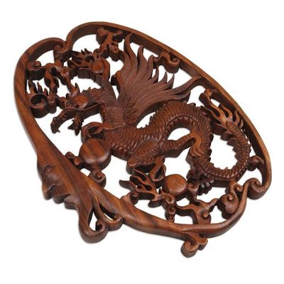 Alternate image for Hand-Carved Classic Suar Wood Moon and Dragon Relief Panel Regal Dragon