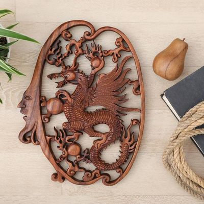 Alternate image for Hand-Carved Classic Suar Wood Moon and Dragon Relief Panel Regal Dragon