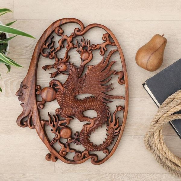 Alternate image for Hand-Carved Classic Suar Wood Moon and Dragon Relief Panel Regal Dragon