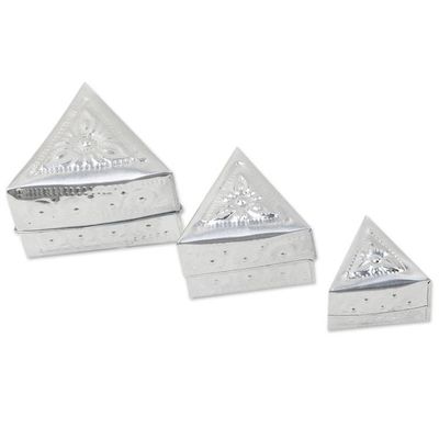 Primary image for Set of 3 Repousse Triangular Aluminum Decorative Boxes Triangular Palace