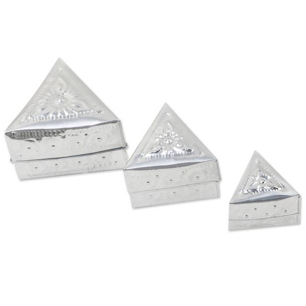 Set of 3 Repousse Triangular Aluminum Decorative Boxes 'Triangular Palace'