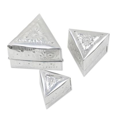 Alternate image for Set of 3 Repousse Triangular Aluminum Decorative Boxes Triangular Palace
