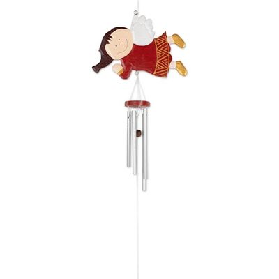 Alternate image for Hand-Painted Red Wood Angel Wind Chime Christmas Decor Grinning Angel