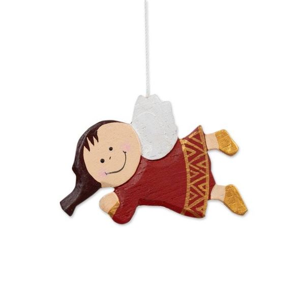 Alternate image for Hand-Painted Red Wood Angel Wind Chime Christmas Decor Grinning Angel