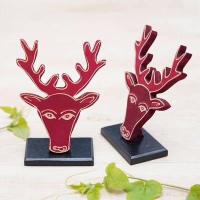 Alternate image for Painted Reindeer-Themed Red Pule Wood Home Accents Pair Deer Red