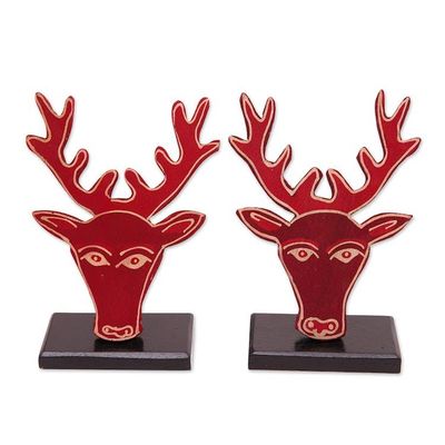 Alternate image for Painted Reindeer-Themed Red Pule Wood Home Accents Pair Deer Red