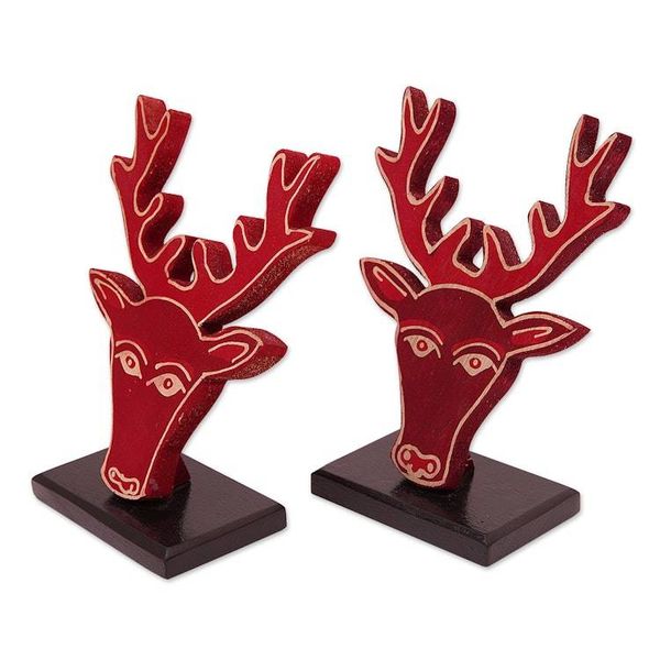Alternate image for Painted Reindeer-Themed Red Pule Wood Home Accents Pair Deer Red