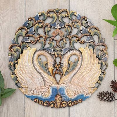 Alternate image for Hand-Painted Swan-Themed Suar Wood Relief Panel from Bali Swan Glory