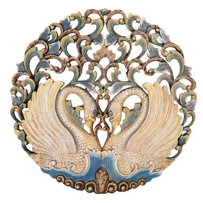 Alternate image for Hand-Painted Swan-Themed Suar Wood Relief Panel from Bali Swan Glory