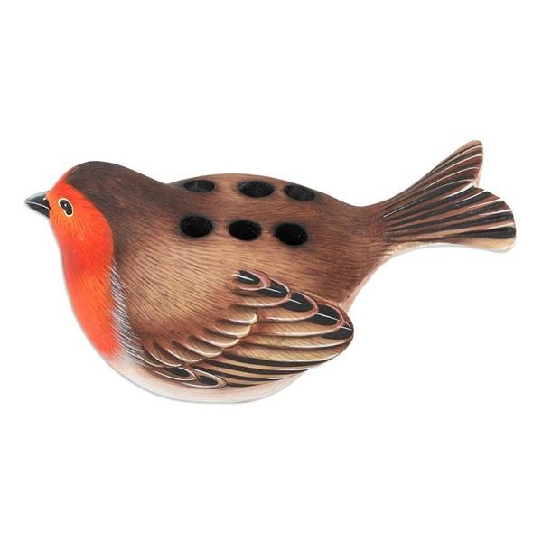 Alternate image for Suar Wood Robin Bird Pen Holder Carved and Painted by Hand Nesting Robin