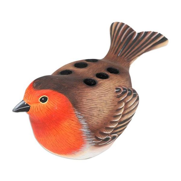 Alternate image for Suar Wood Robin Bird Pen Holder Carved and Painted by Hand Nesting Robin