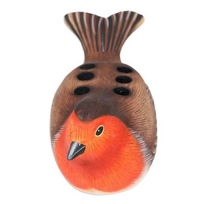Alternate image for Suar Wood Robin Bird Pen Holder Carved and Painted by Hand Nesting Robin