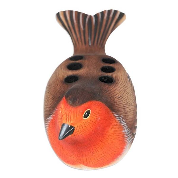 Alternate image for Suar Wood Robin Bird Pen Holder Carved and Painted by Hand Nesting Robin