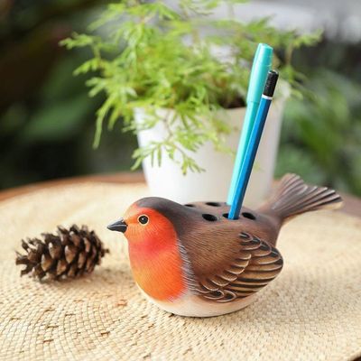 Alternate image for Suar Wood Robin Bird Pen Holder Carved and Painted by Hand Nesting Robin