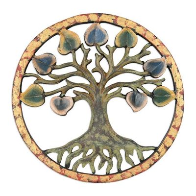 Alternate image for Hand-Painted Round Green Suar Wood Relief Panel of a Tree Brighter Future
