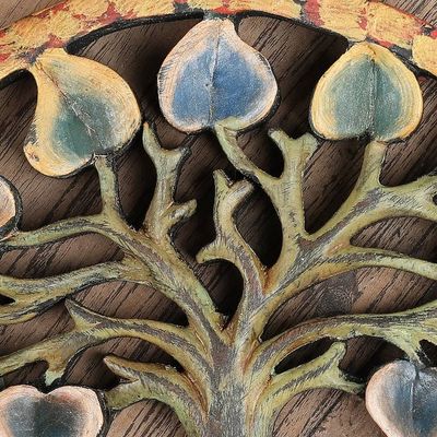 Alternate image for Hand-Painted Round Green Suar Wood Relief Panel of a Tree Brighter Future