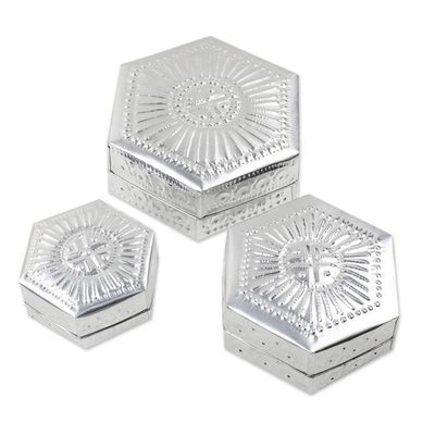 Alternate image for Set of 3 Repousse Hexagonal Aluminum Decorative Boxes Hexagonal Palace