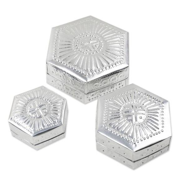 Alternate image for Set of 3 Repousse Hexagonal Aluminum Decorative Boxes Hexagonal Palace