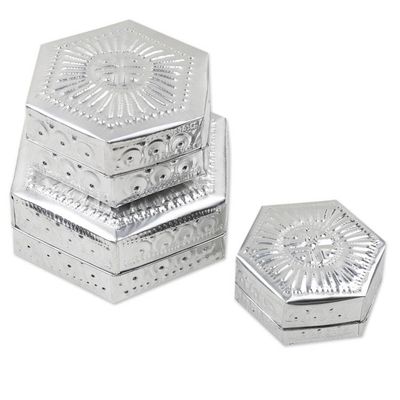 Alternate image for Set of 3 Repousse Hexagonal Aluminum Decorative Boxes Hexagonal Palace