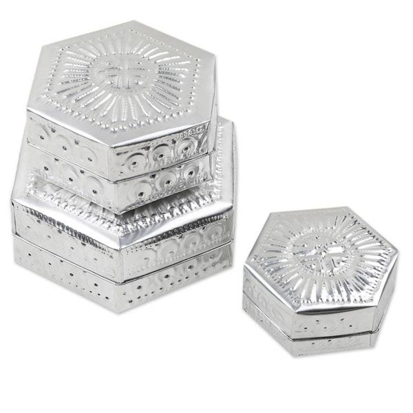 Alternate image for Set of 3 Repousse Hexagonal Aluminum Decorative Boxes Hexagonal Palace