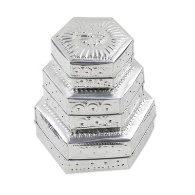 Alternate image for Set of 3 Repousse Hexagonal Aluminum Decorative Boxes Hexagonal Palace