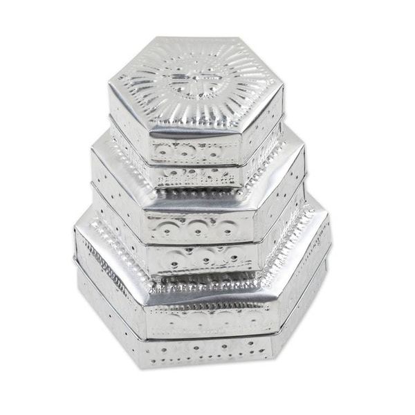 Alternate image for Set of 3 Repousse Hexagonal Aluminum Decorative Boxes Hexagonal Palace