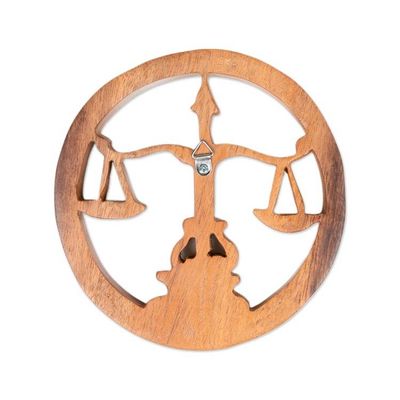 Alternate image for Hand-Carved Round Wood Libra Zodiac Sign Wall Relief Panel Libra Firmament