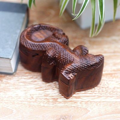 Alternate image for Hand-Carved Cocodrile-Themed Suar Wood Puzzle Box from Bali Crocodiles Challenge