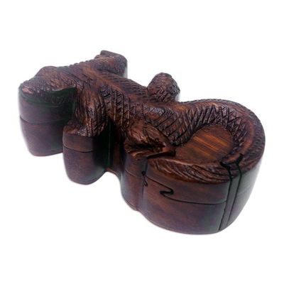 Alternate image for Hand-Carved Cocodrile-Themed Suar Wood Puzzle Box from Bali Crocodiles Challenge