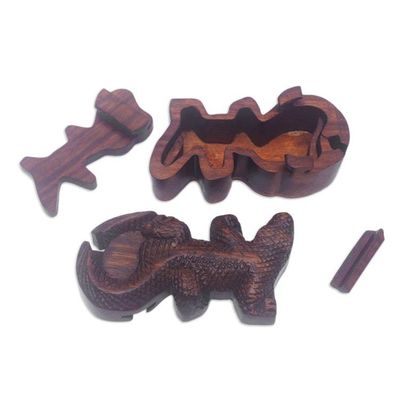 Alternate image for Hand-Carved Cocodrile-Themed Suar Wood Puzzle Box from Bali Crocodiles Challenge
