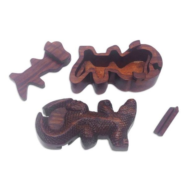 Alternate image for Hand-Carved Cocodrile-Themed Suar Wood Puzzle Box from Bali Crocodiles Challenge